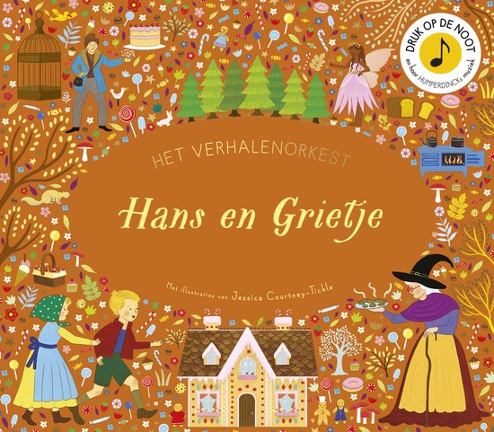 De voorkant van het boek 'Hans en Grietje' toont een kleurrijke illustratie met Hans, Grietje, een heks, een peperkoekhuisje en veel snoepjes.