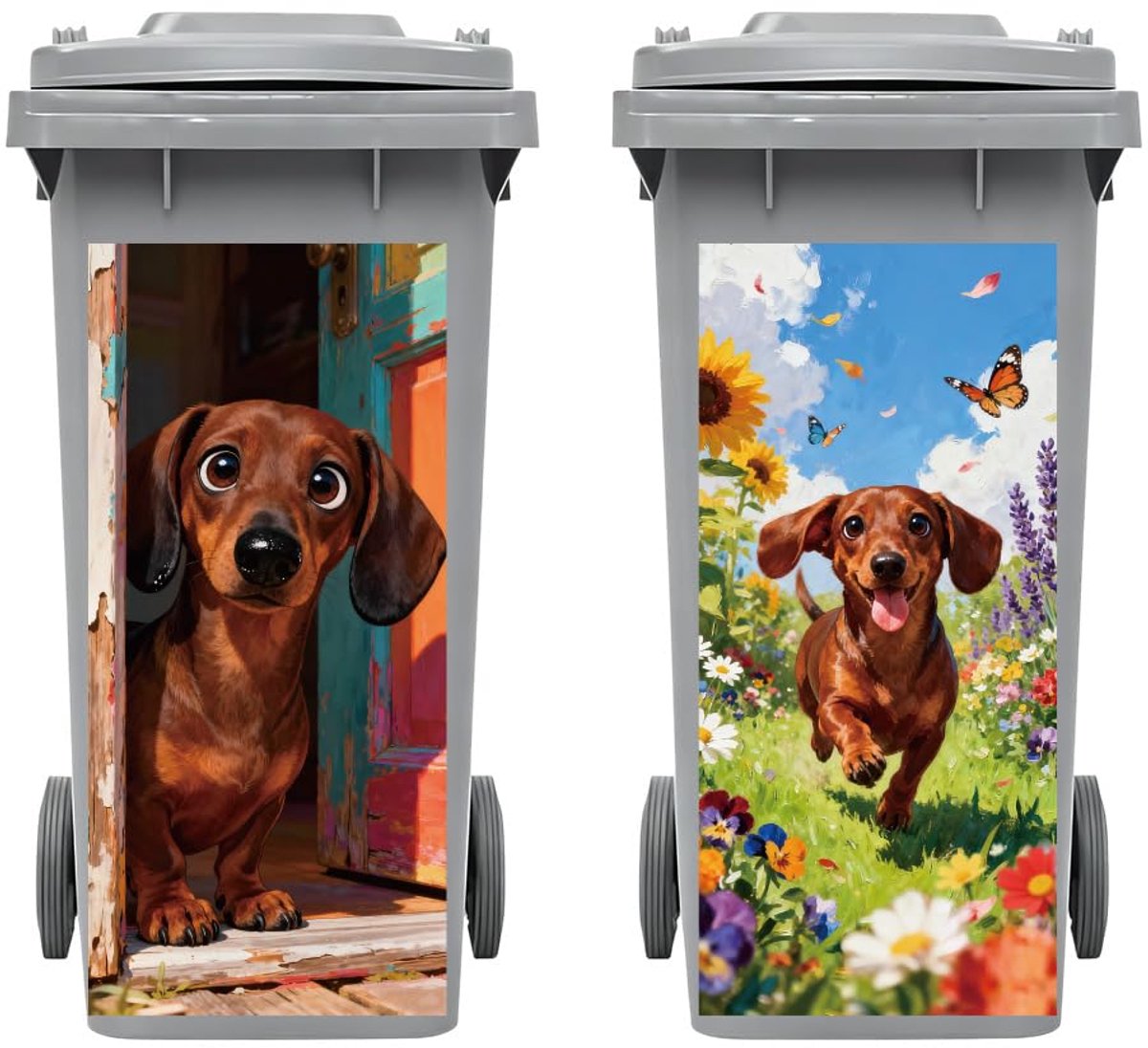Wielbak Stickers 2 Vellen Schattige Teckel Plakband Vuilnisbak Stickers Decals, 38,1 x 81,3 cm Waterdichte Grote Omslag voor Prullenbakken Wielbotten Oprit Tuin Buiten Binnen Terras Decor