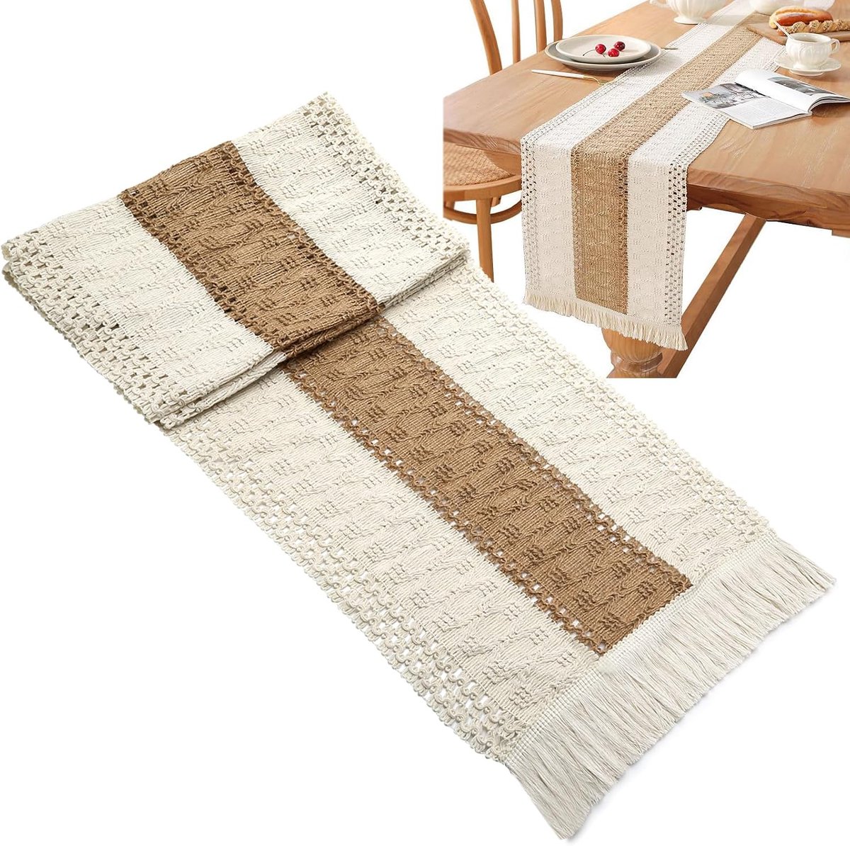 Tafelloper, Natuurlijk Zaklinnen Eettafelloper met Kwastjes Rustieke Stijl Katoen Linnen Gemaakt voor Open Haardmantel Centrum Decoratie Huis Vakantie Feest Decor 30cm/12inch Breedte (S1, 180cm/72in)