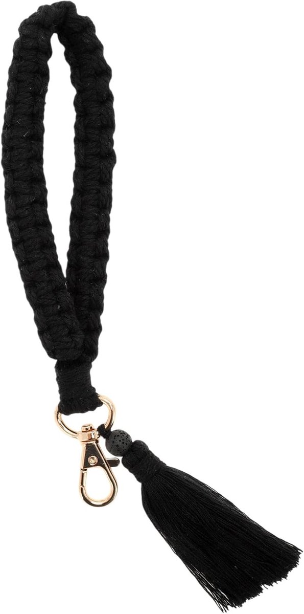 Gevlochten sleutelhanger, Boheemse sleutelhanger, polssleutelhanger, exclusieve sleutelhanger met kwast voor vrouwen, zwart, Zwart