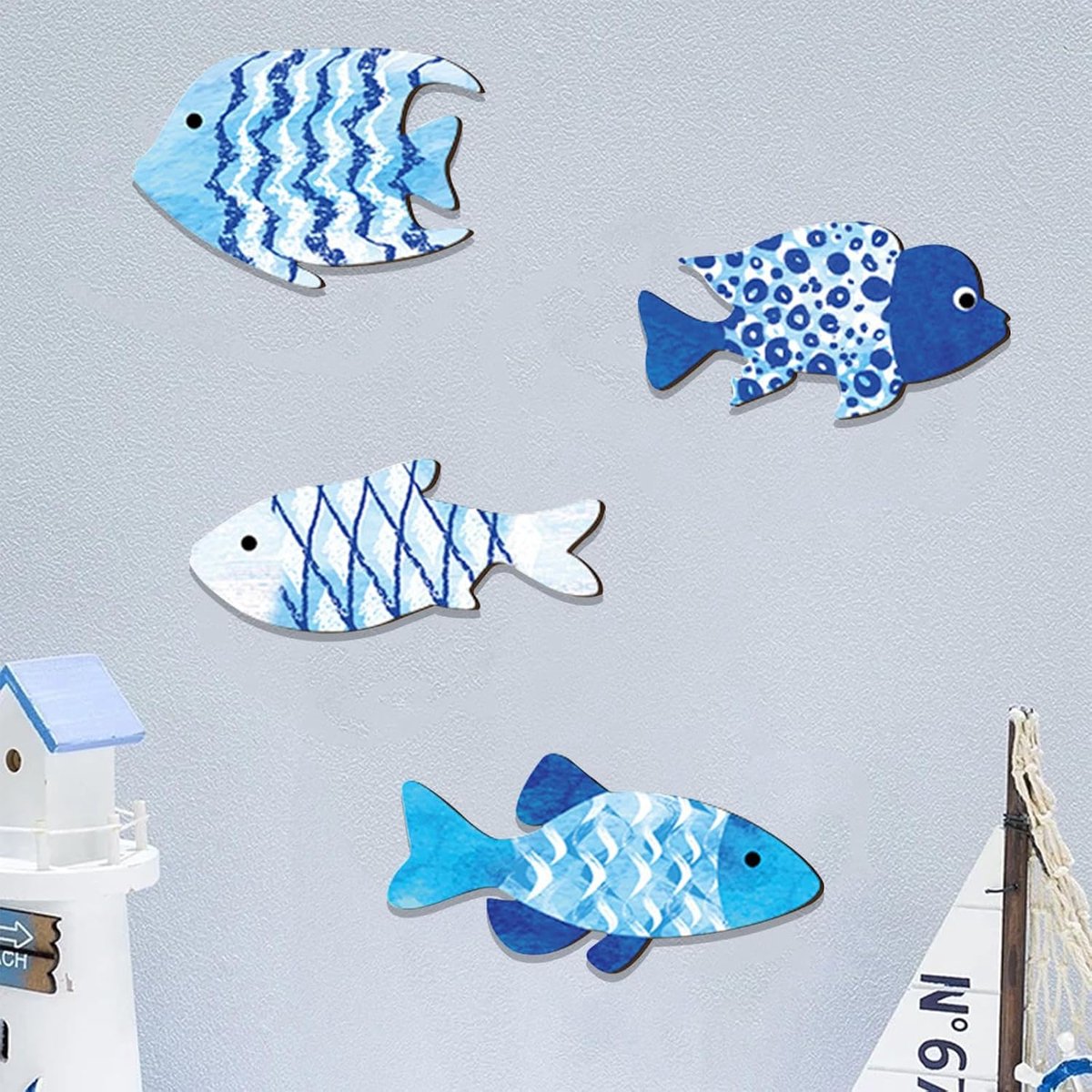 4 stuks zeevis strand muurdecoratie, stranddecoraties thema, doe-het-zelf nautische decoratie, nautische muurkunst ornamenten, kust muurkunst voor thuis slaapkamer woonkamer