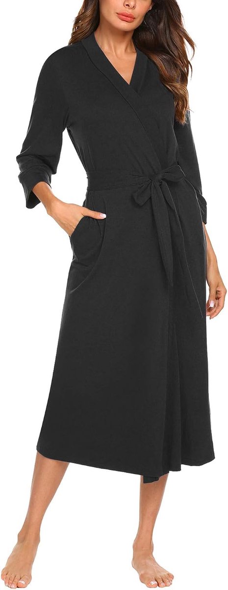 Dames ochtendjas van katoen, 3/4 mouwen, badjas, nachtkleding, kimono, saunamantel met diepe V-hals, S-XXXL