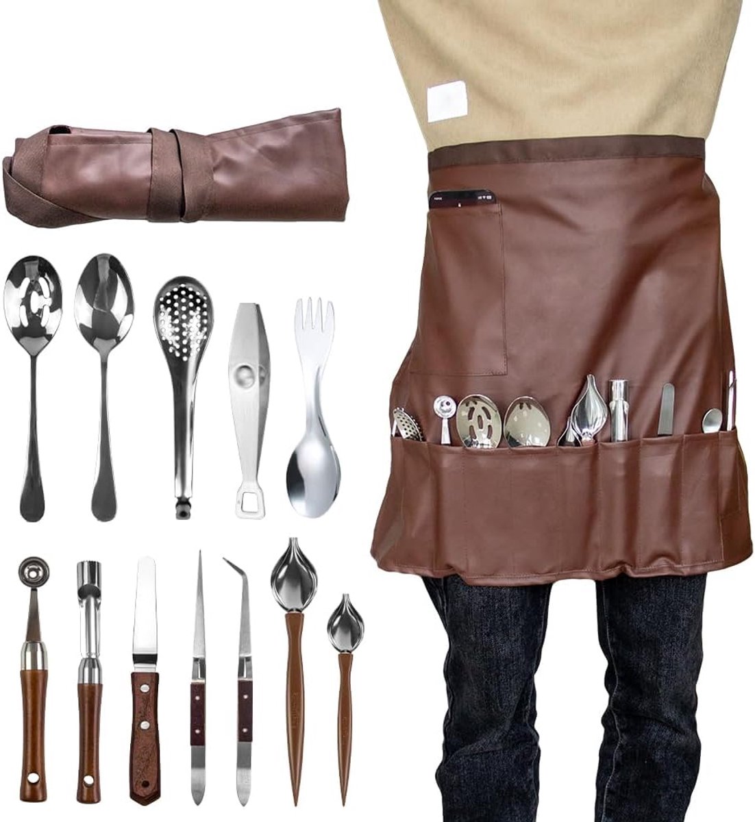 Professionele chef-kok plating kit met schort, 13-delige culinaire plating set, roestvrij stalen plating tool voor restaurantbeplating, thuis koken en catering evenement (bruin)