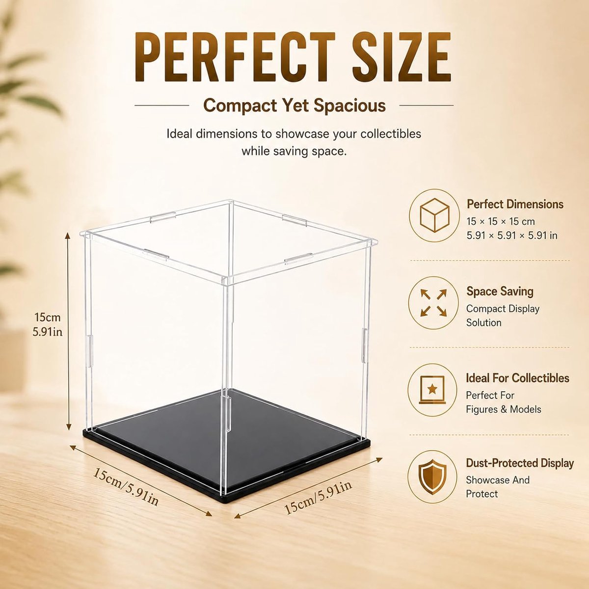 4 stuks 15 x 15 x 15 cm acryl vitrine met zwarte bodem kleine acryl vitrine vitrine transparante stofdichte vitrine acryl met stofbescherming voor figuren, modellen, verzamelstukken