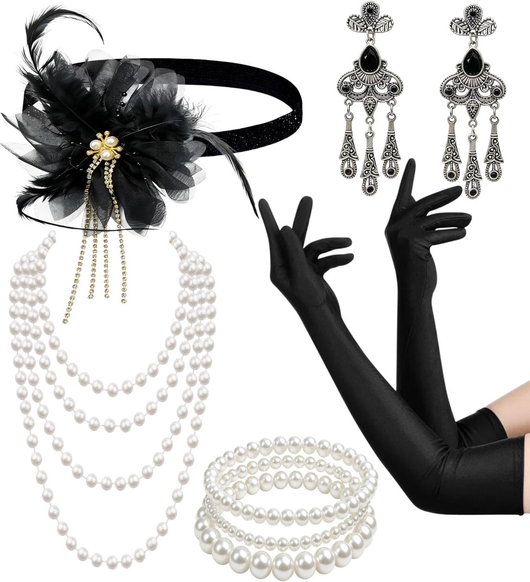 Kasahara Set accessoires jaren 20 Gatsby, flapper, hoofdband, veer, organza, handschoenen, lange halsketting, parels, kostuum, dames, Halloween, carnaval, Kerstmis