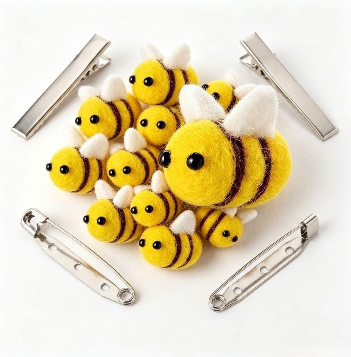 Vilten bijen met roestvrijstalen klemmen, reversspelden, 3 cm, mini-bijen van wol, doe-het-zelf knutselaccessoires, schattige bijen, decoratie voor haarsieraden, kransen, kleding