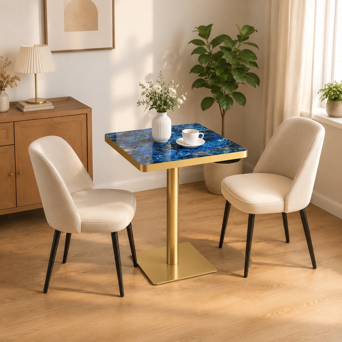 STILVORA Vierkante Eettafel - Marmerlook Blad Met Gouden Metalen Onderstel - Compact Voor Eetkamer En Keuken - Blauw - 60x60x74 Cm