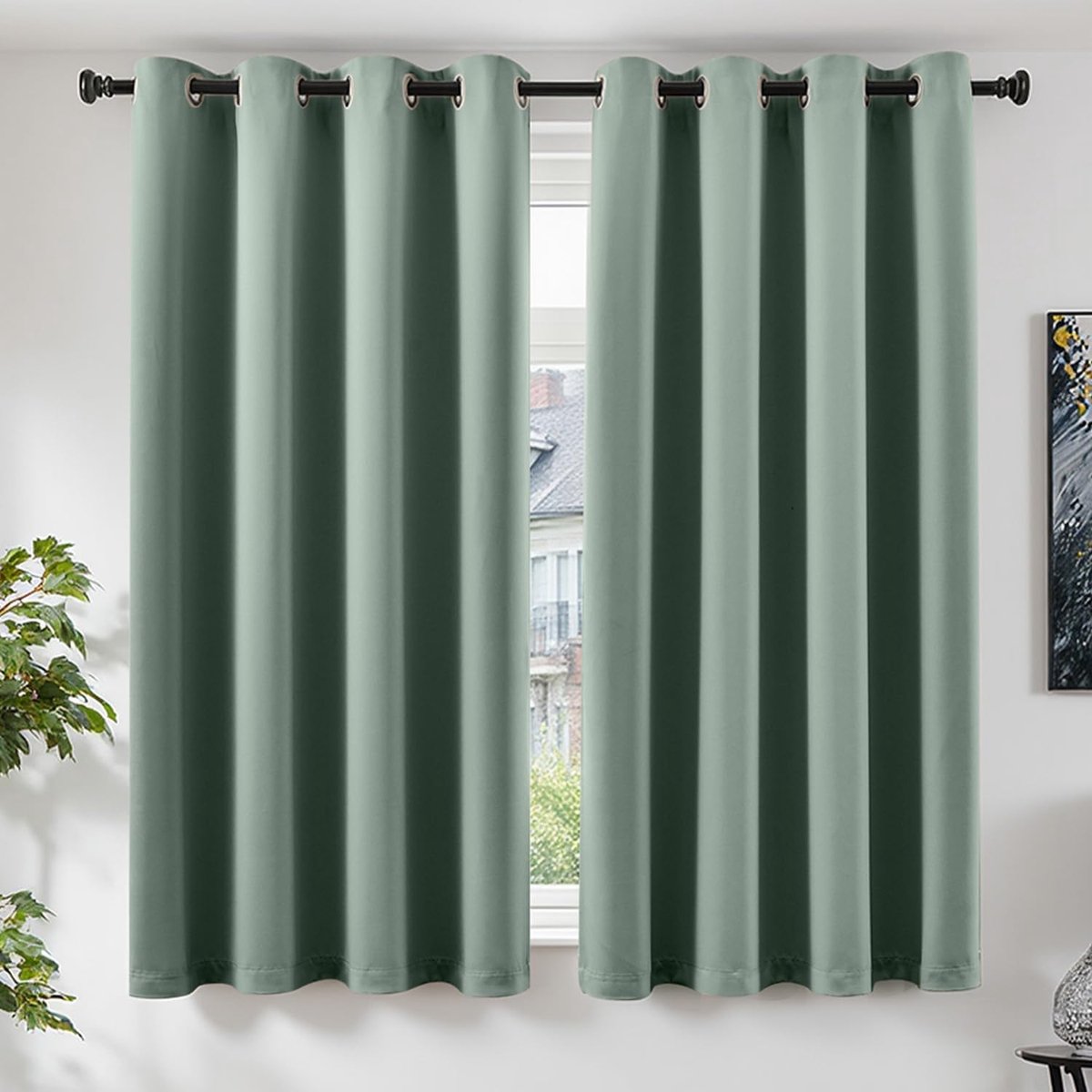 Gordijnen met oogjes, ondoorzichtig, verduisteringsgordijnen, 175 x 140 cm, set van 2 deurgordijnen, woonkamer, raamdecoratie, overgordijnen, slaapkamer, oogjegordijnen, saliegroen