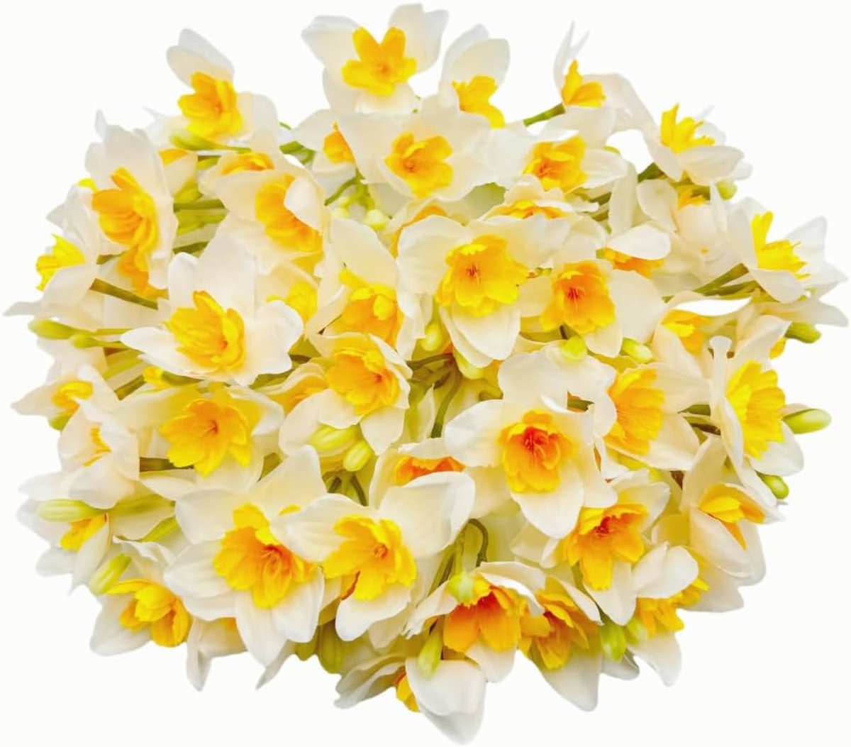 Kunstmatige narcissen, bloemenhoofden, zijden bloemen om te knutselen, kleine nepbloemen, lentedecoraties voor thuis, bruidstaart, feest, verjaardag, thuis muurdecoratie (20, witgeel)