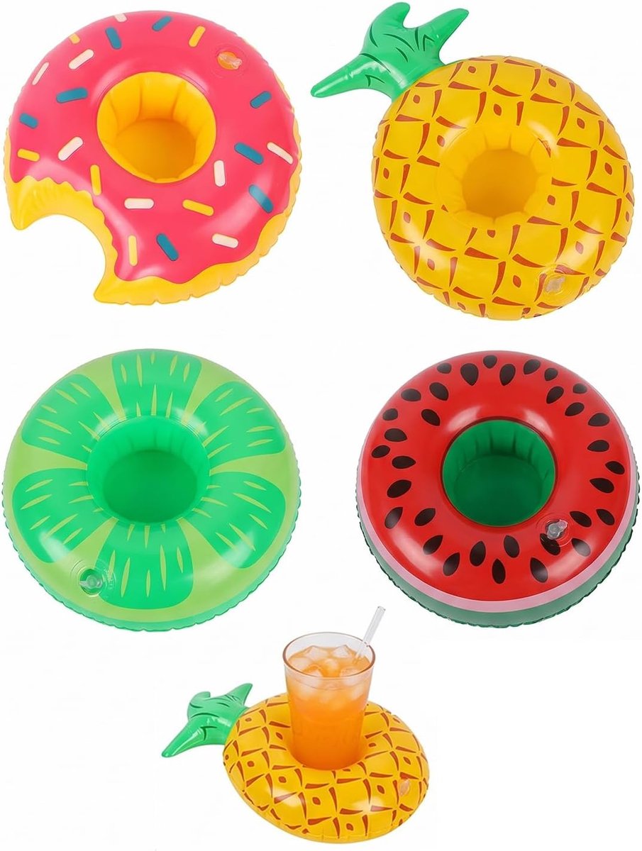 Zwemring voor dranken, set van 4 stuks, van kunststof, watermeloen, citroen, ananas en donut, ideaal voor zwembad, strand, feest, houdt je dranken binnen handbereik.