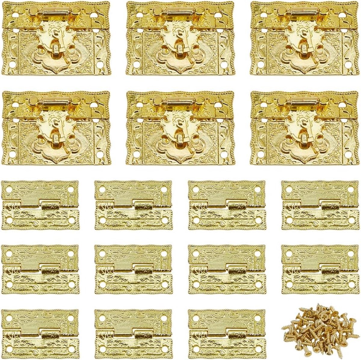 6 Sets Gegraveerde Decoratieve Hasp Latch Gold Box Latch Sluiting Antieke Gesp Vintage Kast Hasp met Schroeven voor Reparatie en Decoratieve Houten Kisten Kast Lade, 3,5x5,1cm