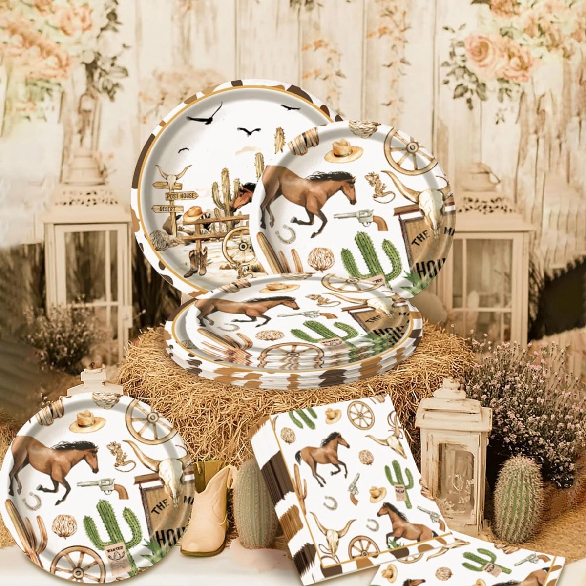 Cowboy feestservies verjaardag decoratie papieren borden bekers servetten | cowboy feestservies verjaardag decoratie papieren borden bekers servetten tafelkleed westen cowboy feestservies spijkerstof