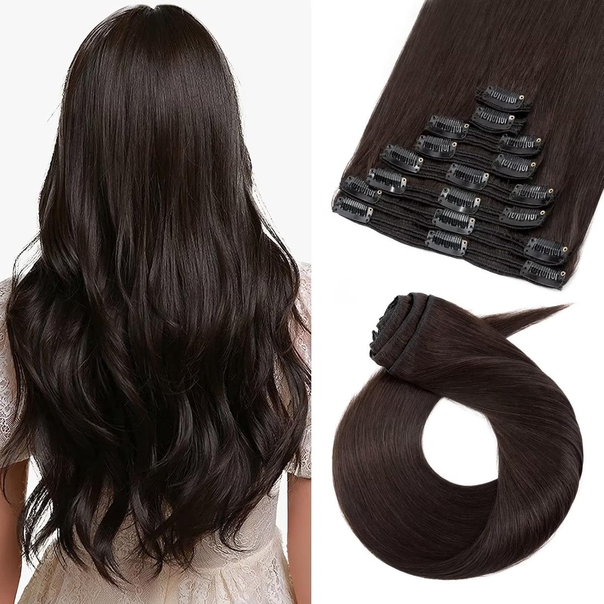 Clip-in Extensions Echt Haar, Remy Haar 8 Tressen 18 Clips, Haar Extensies Clip-in Glad Extensions Clip-in Lange Haarverlenging 02# Donkerbruin 55cm