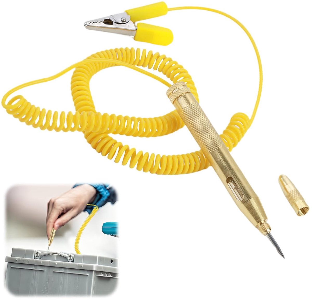 Spanningstester voor voertuigen, spanningstester DC 6 V, 12 V, 24 V, elektrische tester, autozekeringtester, autotestpen met ledlamp, lange spiraaldraad, geel