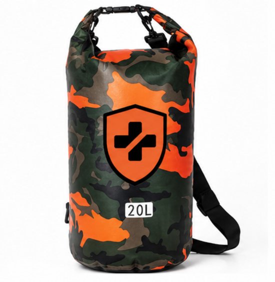 Oranje camouflage print 20L waterdichte tas met zwart schildlogo.