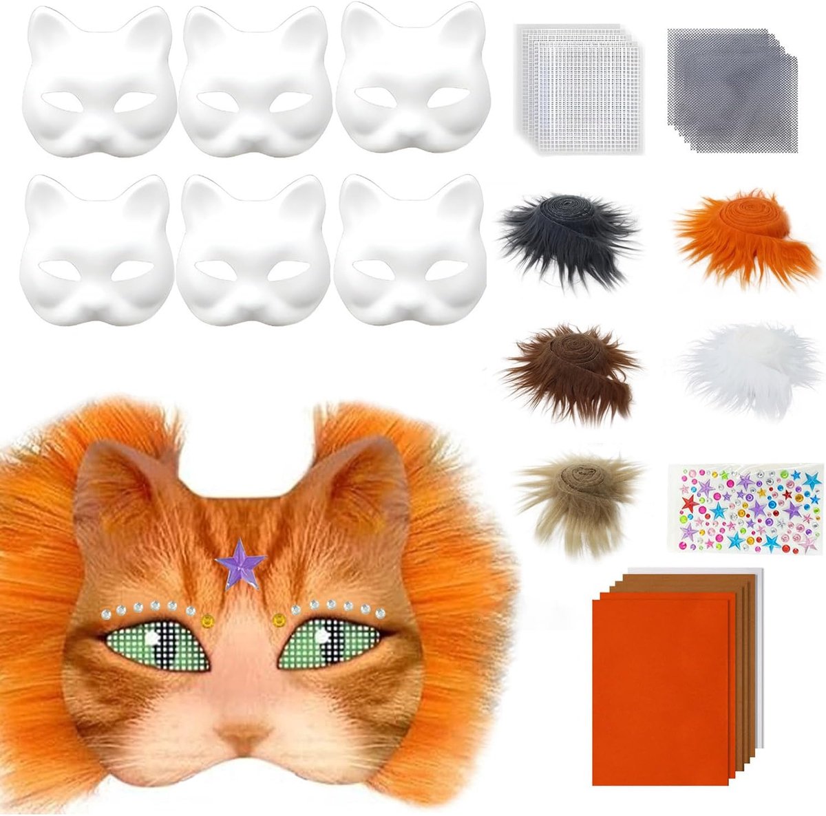 Maskers om te beschilderen, maskers knutselen, kattenmaskers om te schilderen vilt, kattenmasker, masker kunsthandwerk kit, therian masker, voor Halloween, party, maskerade