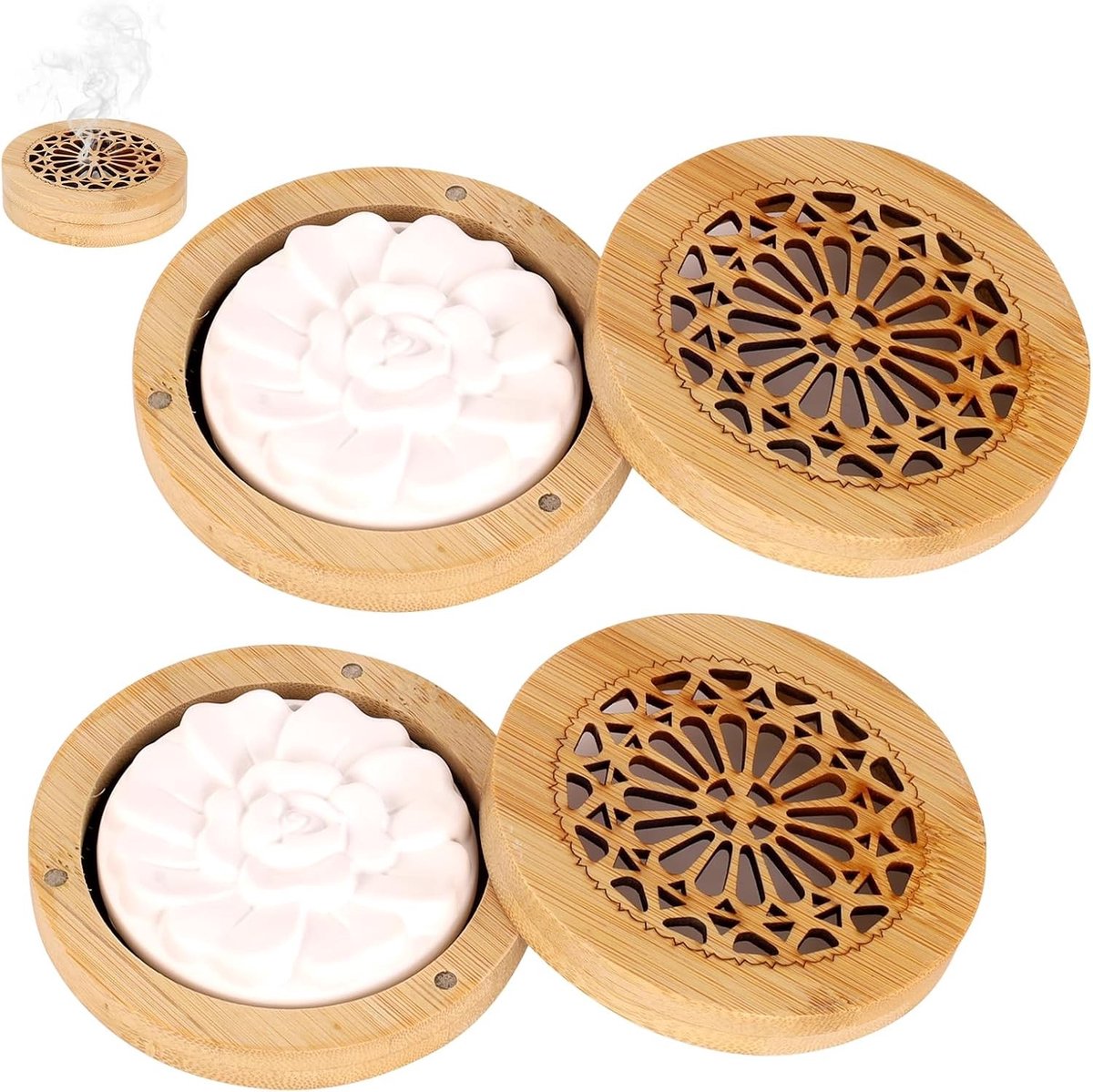 Geursteen Set (2 Stuks) - Bruin - 6.8 x 6.8 x 1.2 cm - Gips met Houten Wierookstokjesbox - Voor Aromatherapie