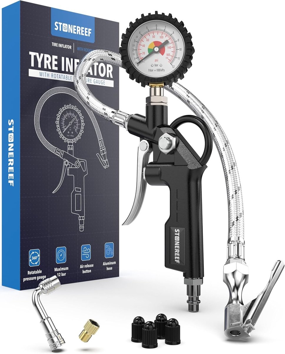 Bandenspanner met Manometer - Zwart - Geschikt voor Auto en Fiets - Luchtpomp met Slang en Drukmeter - Voor Werkplaatsgebruik