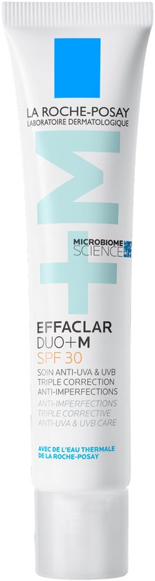 Witte tube met blauw en groen logo. La Roche-Posay Effaclar Duo+ M SPF 30.