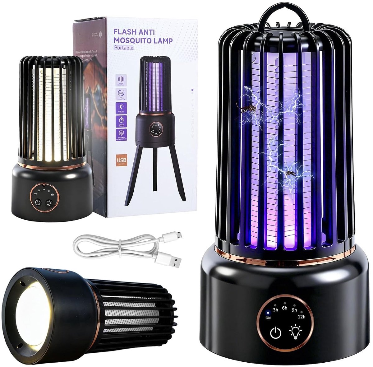 Elektrische Insectenverdelger - Wit - 1200 mAh - 3-in-1 Muggenlamp met Timer - Voor Binnen en Buiten