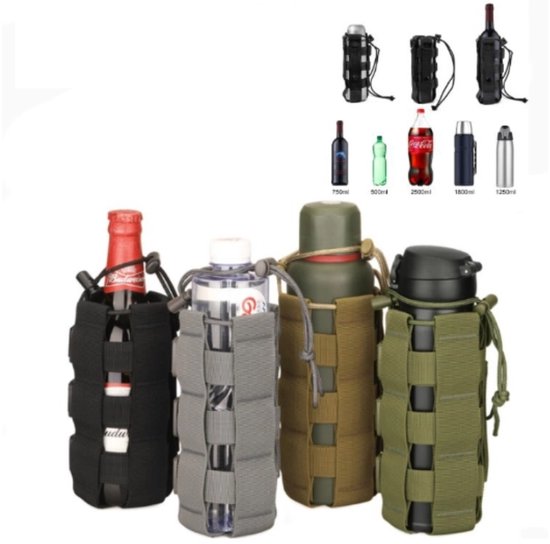 Tactische waterfles pouch - Fleshouder - met Riemclip en trekkoord - Verstelbare Schouderriem & Tactische Bevestiging - voor Waterflessen van 500 ml tot 2,3 Liter - Bergsportaccessoires - Voor wandelen camping reizen sport - militair groen — afbeelding 3