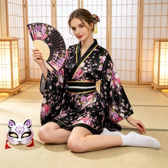 5-delige korte kimono voor dames, traditionele Japanse kimono, Sakura-print, Geisha Yukata badjas, kostuumset cosplay met accessoires — afbeelding 2