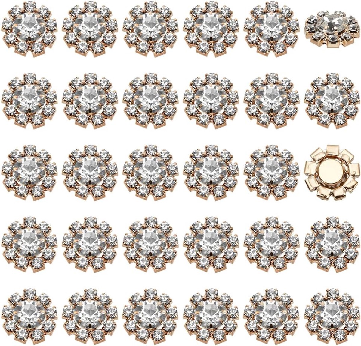 30 stuks platte achterkant glazen strass knopen 15 mm diameter decoratieve knopen kristallen bloemvorm voor naaien lichtgouden legering versiering voor kleding jurk hoeden