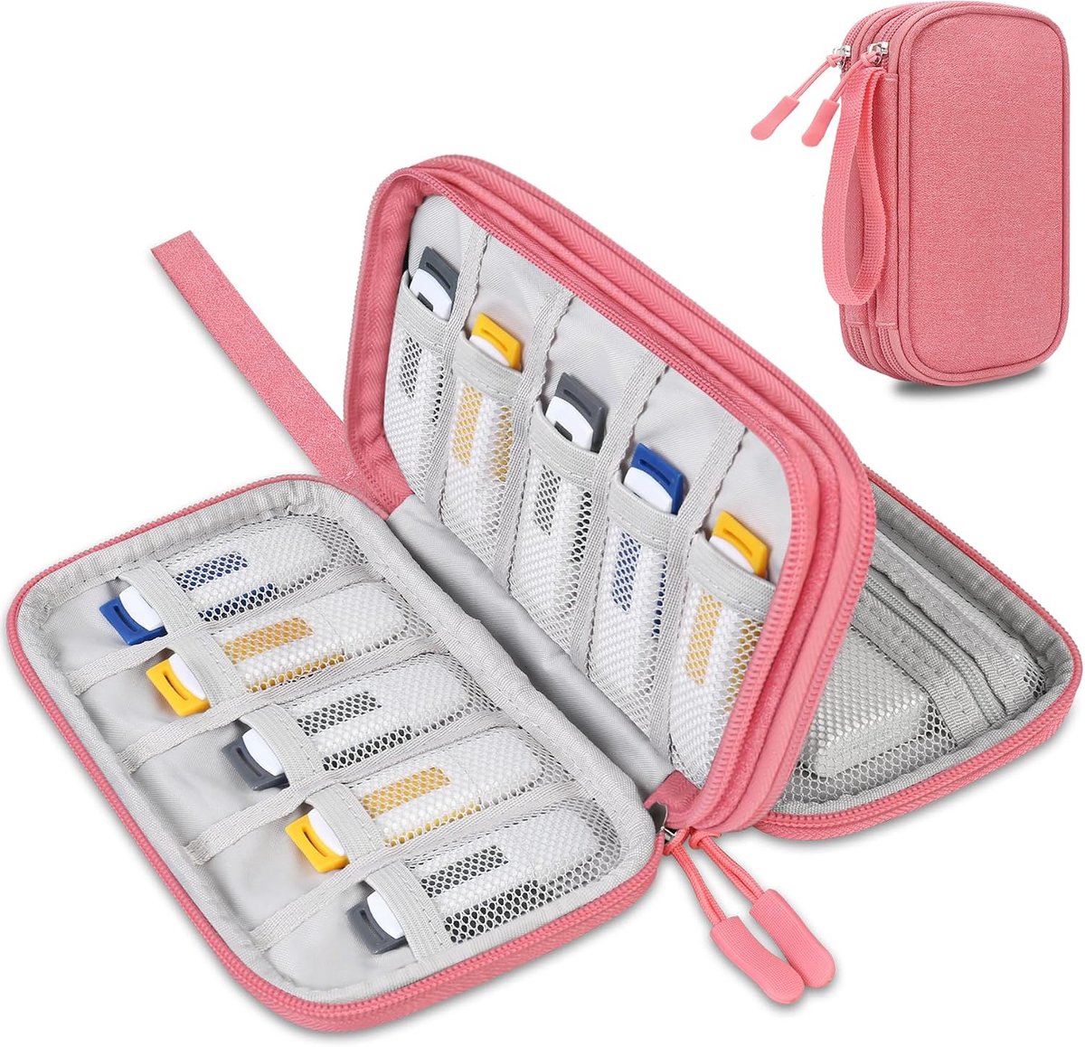USB Elektronische organisator Reiskabeltas Zakje Tech Elektronische accessoires Draagtas Draagbare dubbellaagse opladerkoffer voor SanDisk/SamData/Samsung USB Flash Drives, Roze