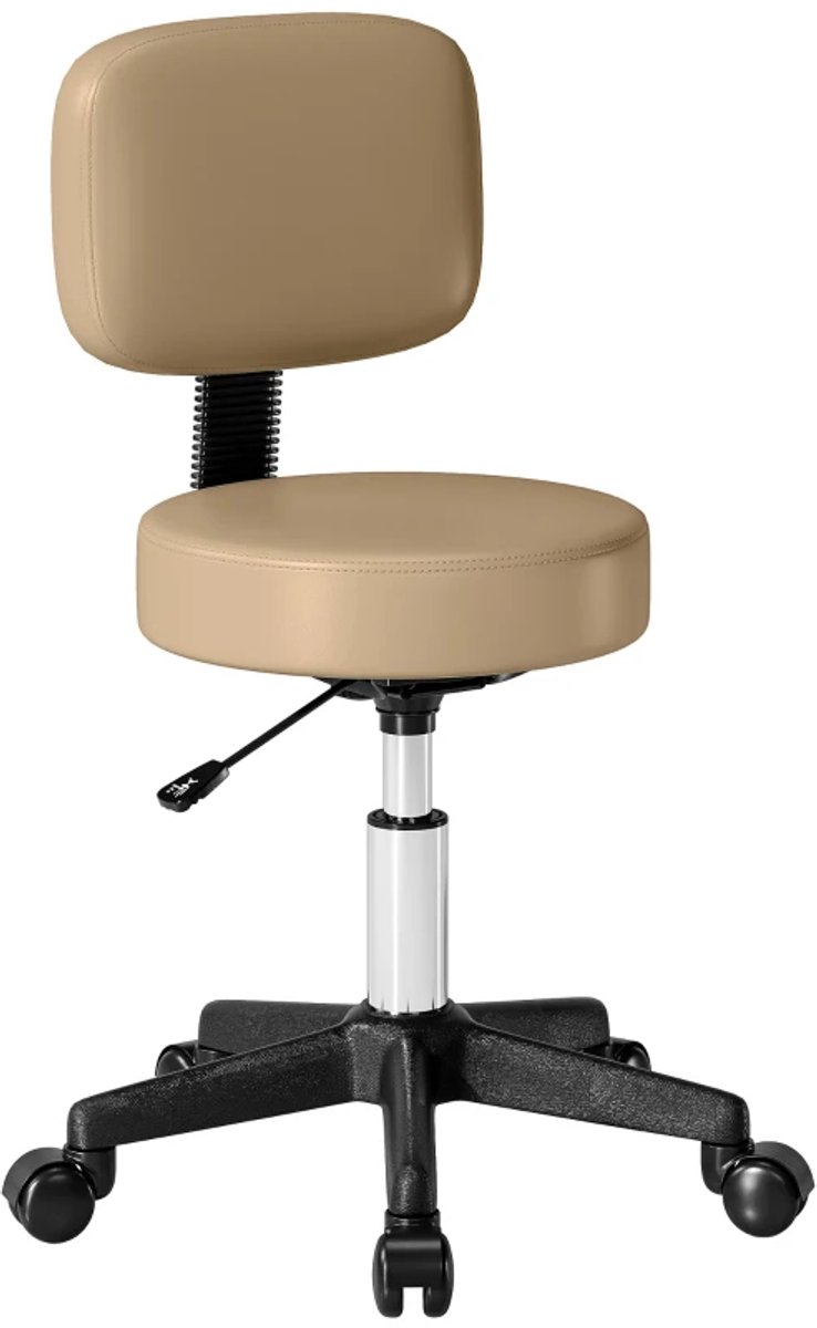 Zadelkruk op Wielen - Zadelstoel met Rugleuning - Bureaustoel - Kapperskruk - Tabouret - 360° Draaibaar - In Hoogte Verstelbaar - Salonstoel - Kruk Stoel - Werkkruk - voor Kantoor, Salon, Massage, Spa - Lichtbruin