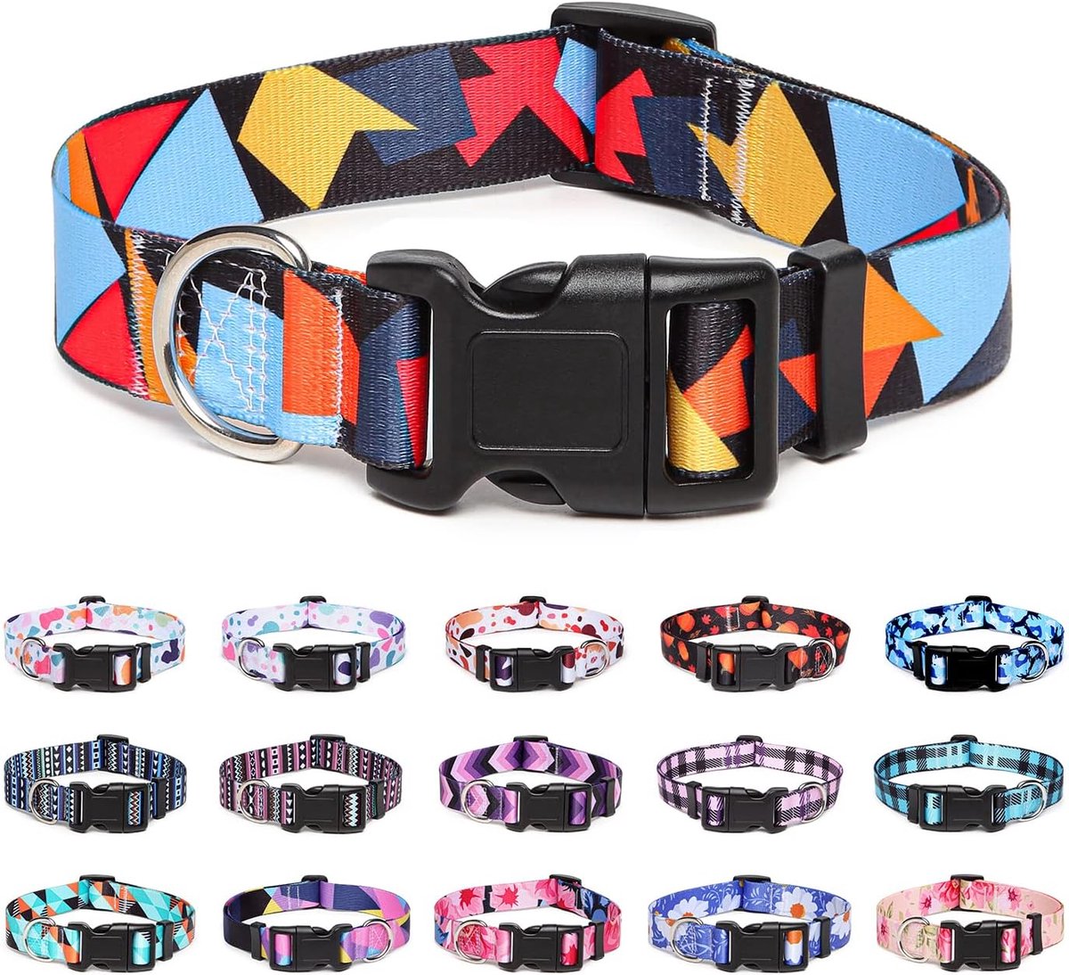 Verstelbare nylon halsband met patronen, zachte comfortabele halsband voor kleine tot middelgrote honden (L, Kleurblokken)