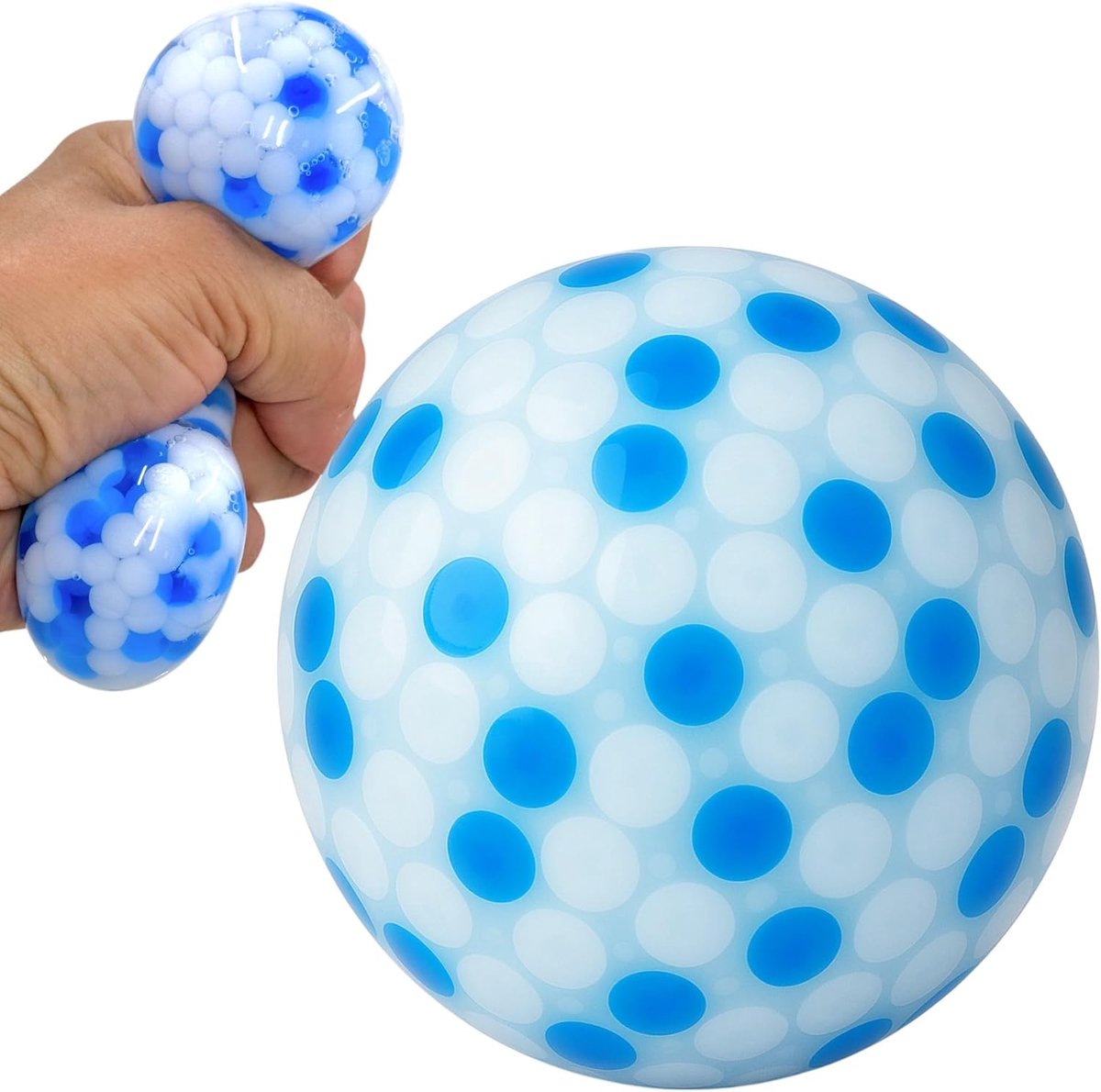 Antistress-knijpbal met parelvulling, stressvermindering en spiertraining, leuk kneden, ideaal voor kantoor en reizen, 7 cm (wit/blauw)
