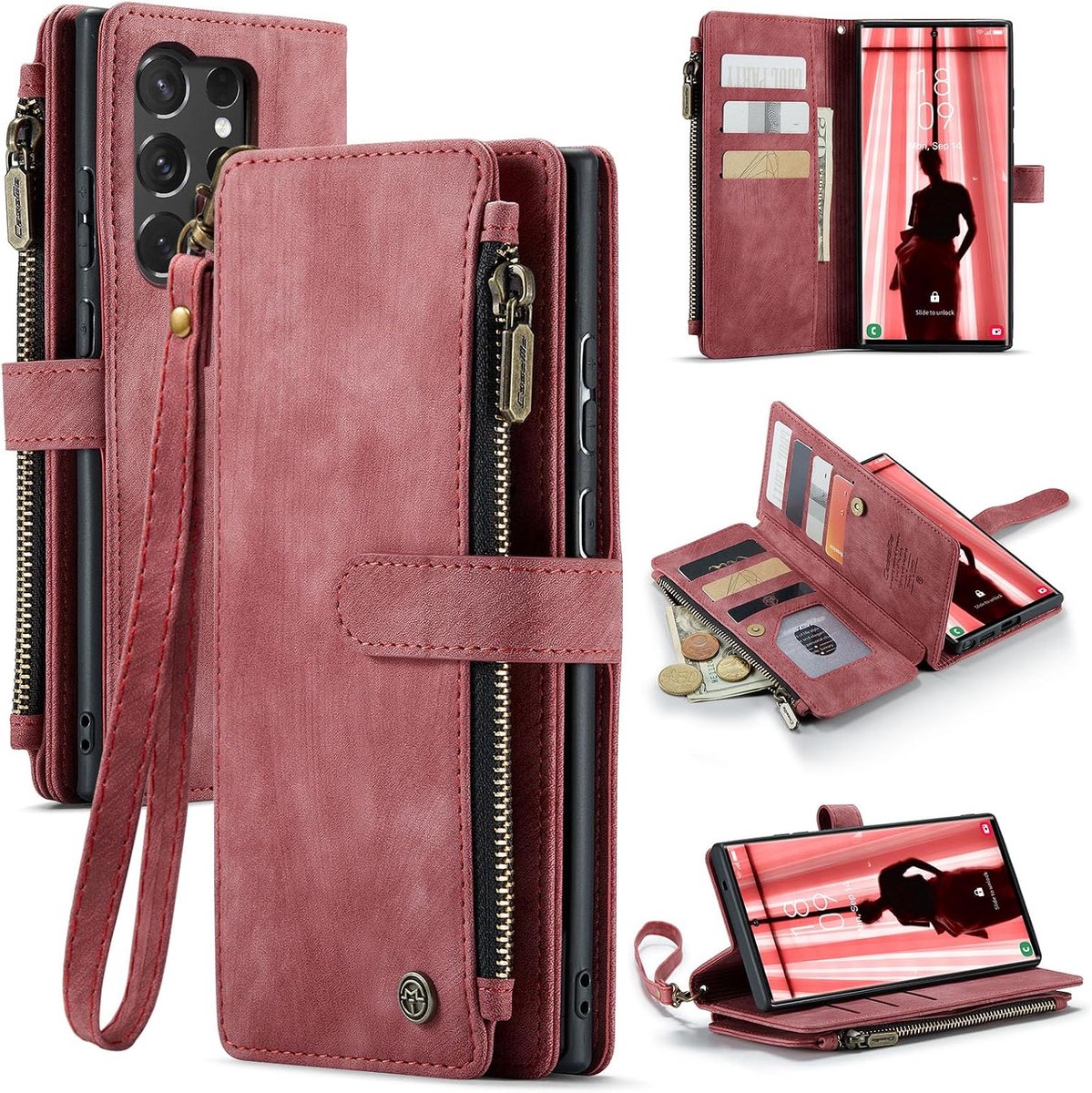 Hoes voor mobiele telefoon voor Samsung Galaxy S25 Ultra 5G, retro hoes met ritssluiting, PU-leer, zachte klaphoes, magneetsluiting, kaartenvak, standaardfunctie, portemonnee met draaglus