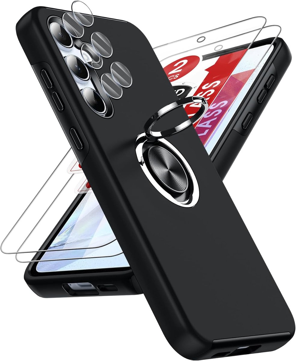 Beschermhoesje voor Samsung Galaxy A55 met gehard glas en camerabescherming, ringstandaard, schokbestendig, TPU siliconen bumper, 2 stuks, zwart