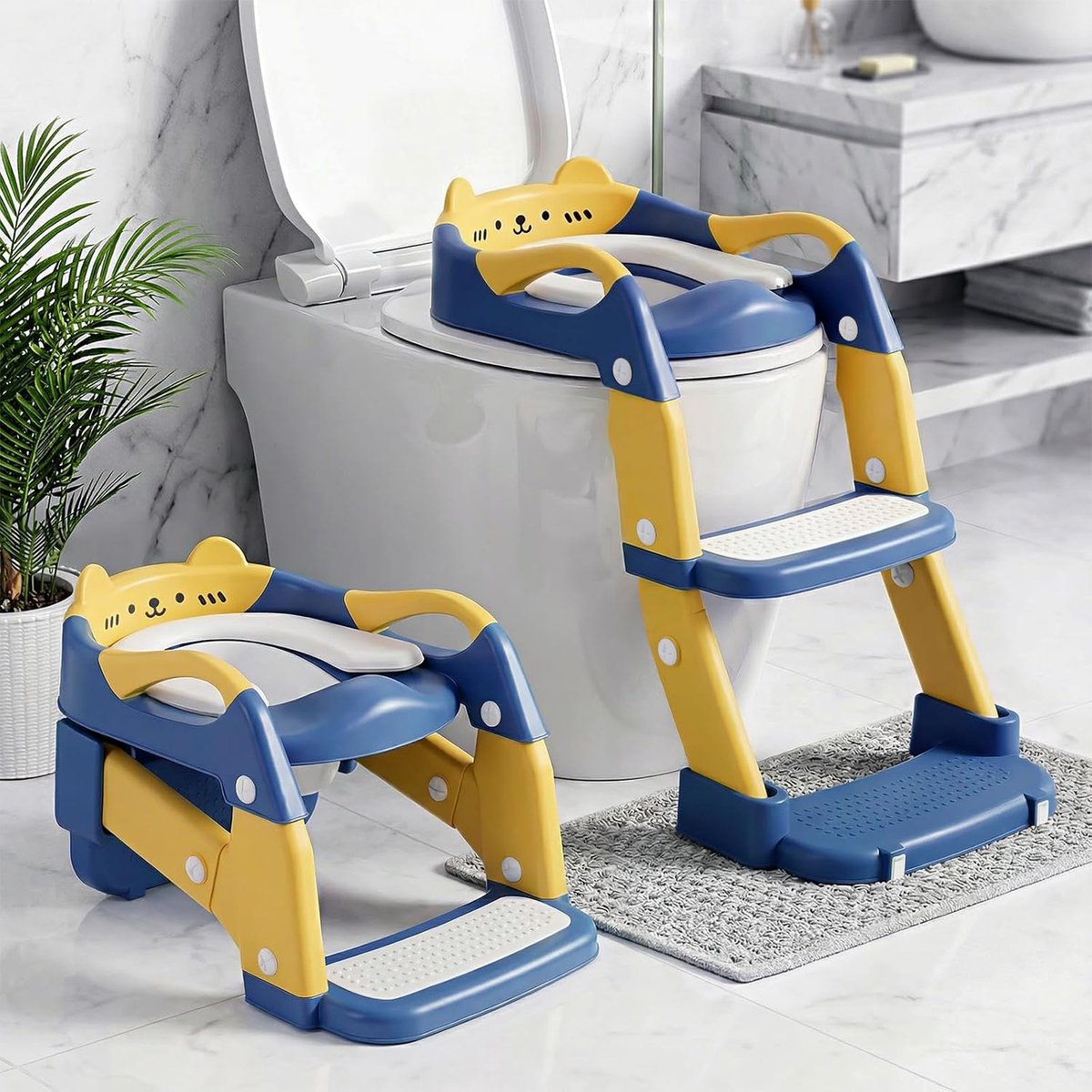Toiletadapter voor kinderen, 2-in-1, opgewaardeerd, draagbaar, beer | Toiletbril voor kinderen, pedaal en verlengde spatbescherming, verbrede grip, zacht kussen, antislip, opvouwbaar, blauw/geel