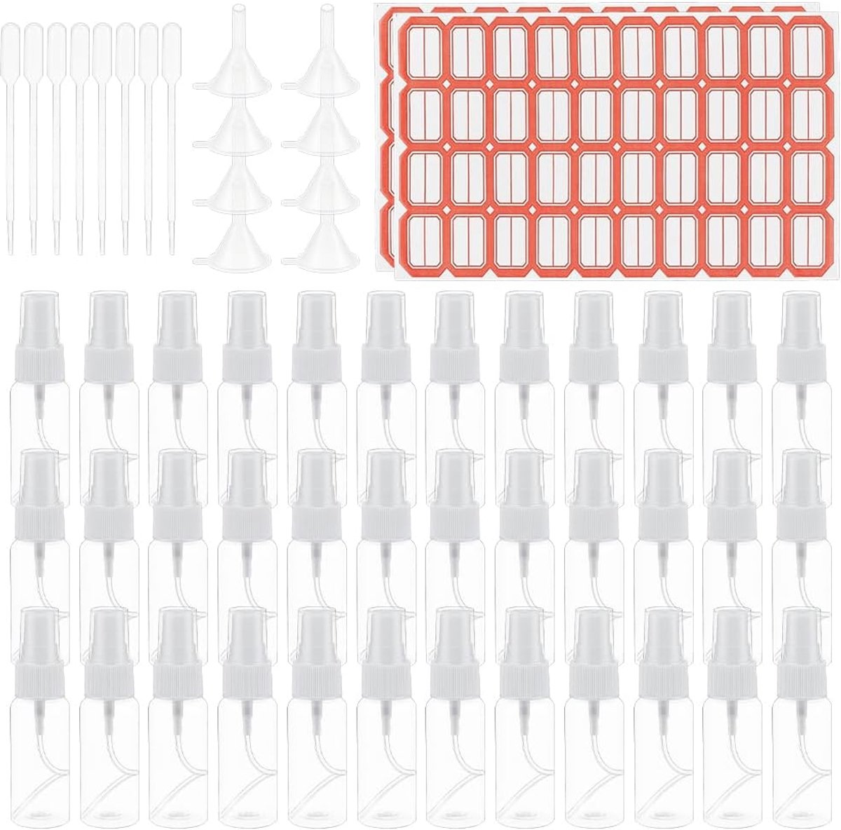 Spuitflessen, 30 ml 1 oz reizen spuitfles duidelijk lege fijne nevel spuitflessen kleine navulbare vloeibare containers met 3 etiketten 8 trechter voor reizen schoonmaken