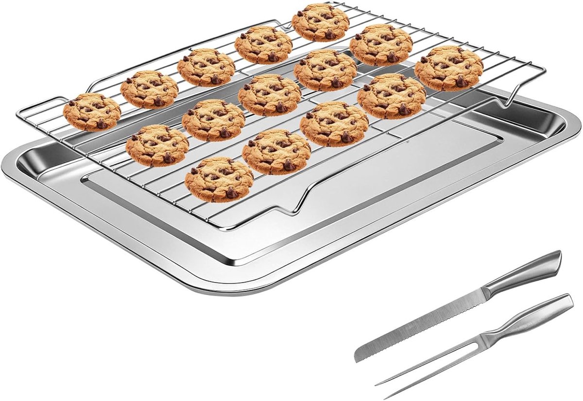 15,5 inch bakplaat met koelrek, snijmes en vleesvork voor braden, snijden van kalkoen, ham en borst, BBQ