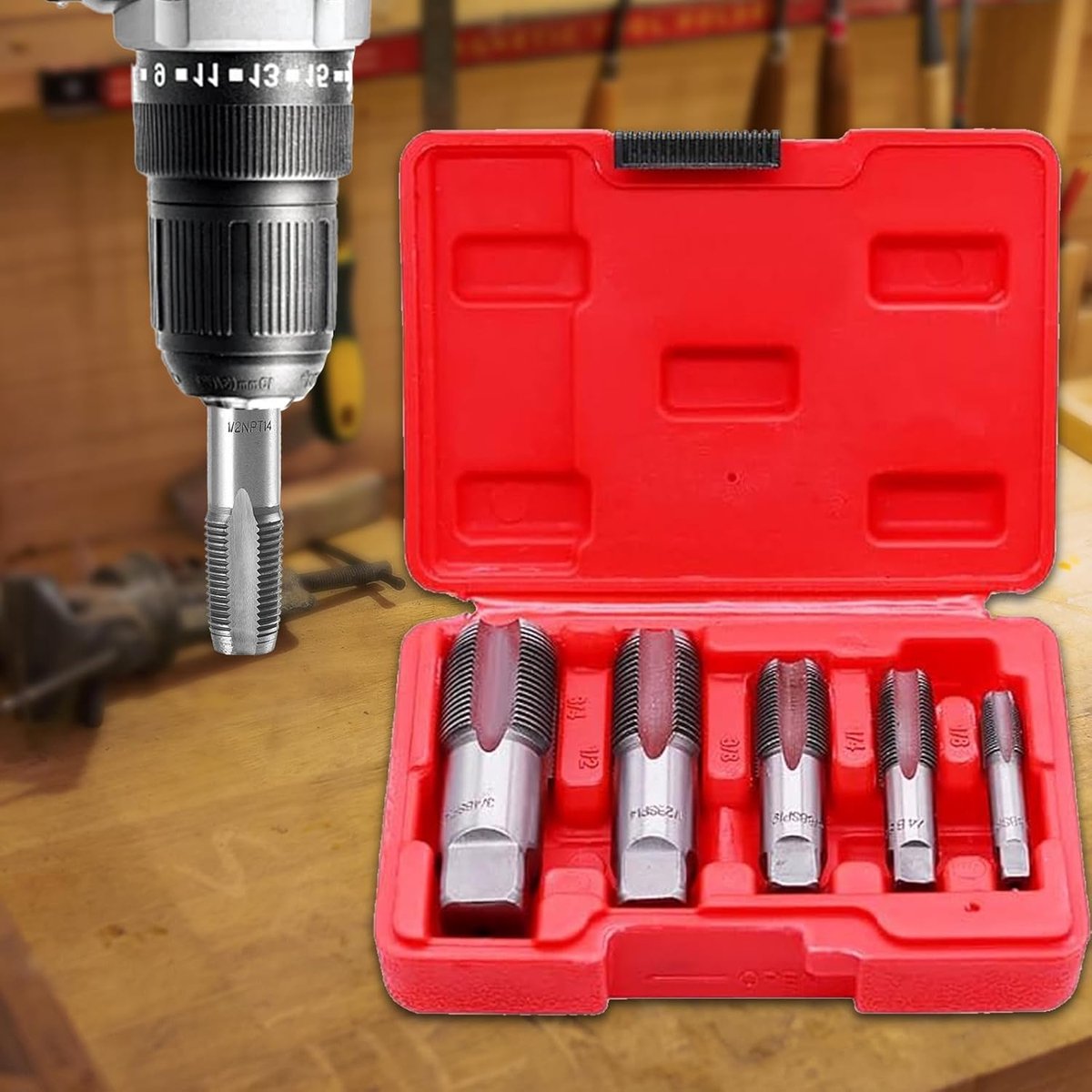 5-delige NPT buisschroefdraadborenset, NPT-schroefdraadborenset voor 1/8 inch, 1/4 inch, 3/8 inch, 1/2 inch, 3/4 inch 3/4 inch, koolstofstaal schroefdraadborenset voor pvc-buizen, nauwkeurige