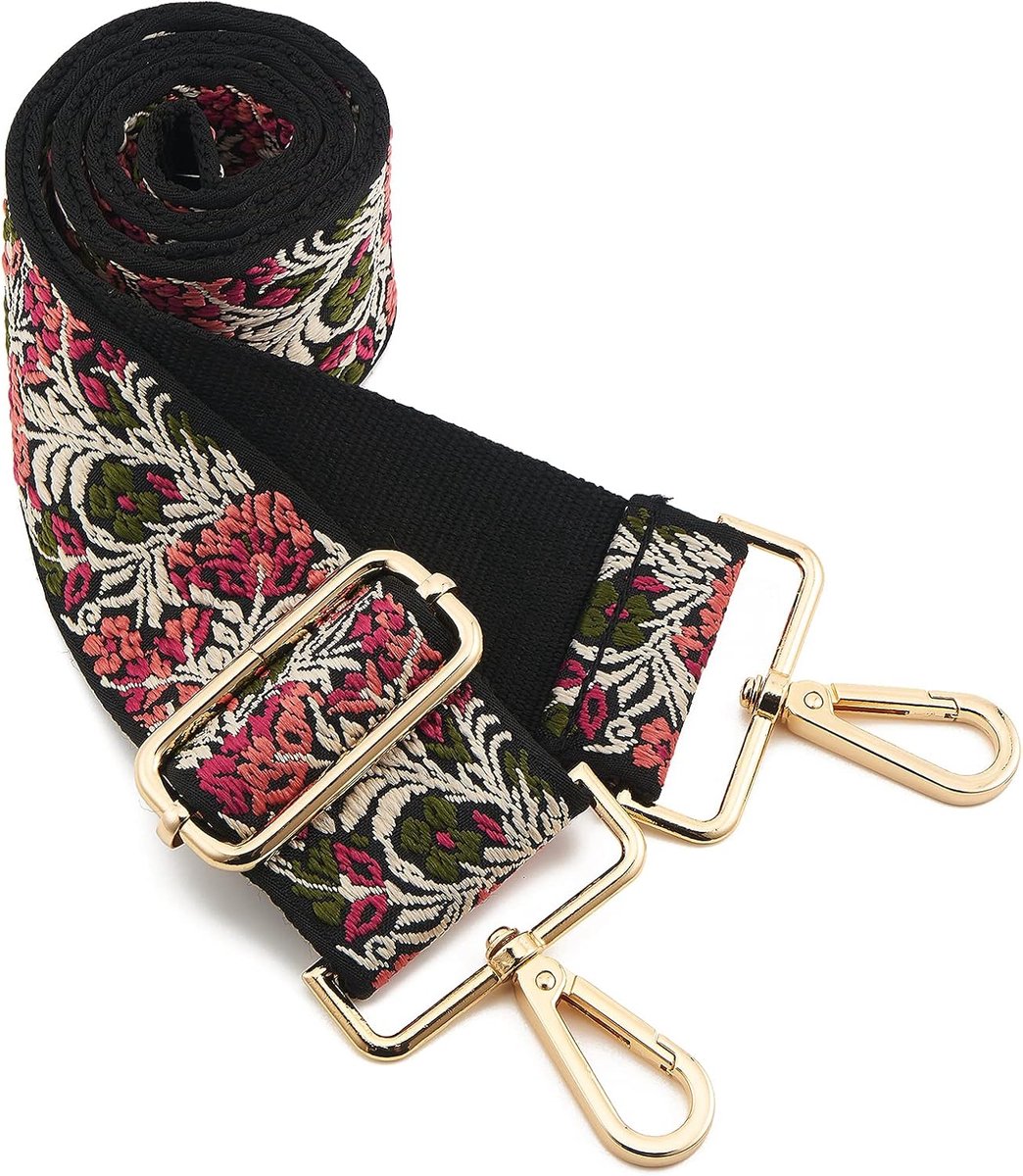Schouderriem voor dames, goudkleurige, in lengte verstelbare, brede schouderriem, voor handtassen, 3,8 cm breed, 73-125 cm, voor handtassen (5 cm, geborduurde bloemen1 (Embroider Flowers1))