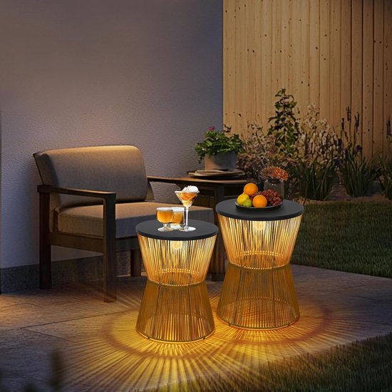 Solar Bijzettafel Outdoor Set van 2, Ronde Tuintafel Weerbestendig met Zonne-lamp, Kunststof Rattan Solar Outdoor Tafel, Boho Zonne-lamp Tafel voor Buiten, Balkontafel, Bijzettafel Terras van solar — afbeelding 5