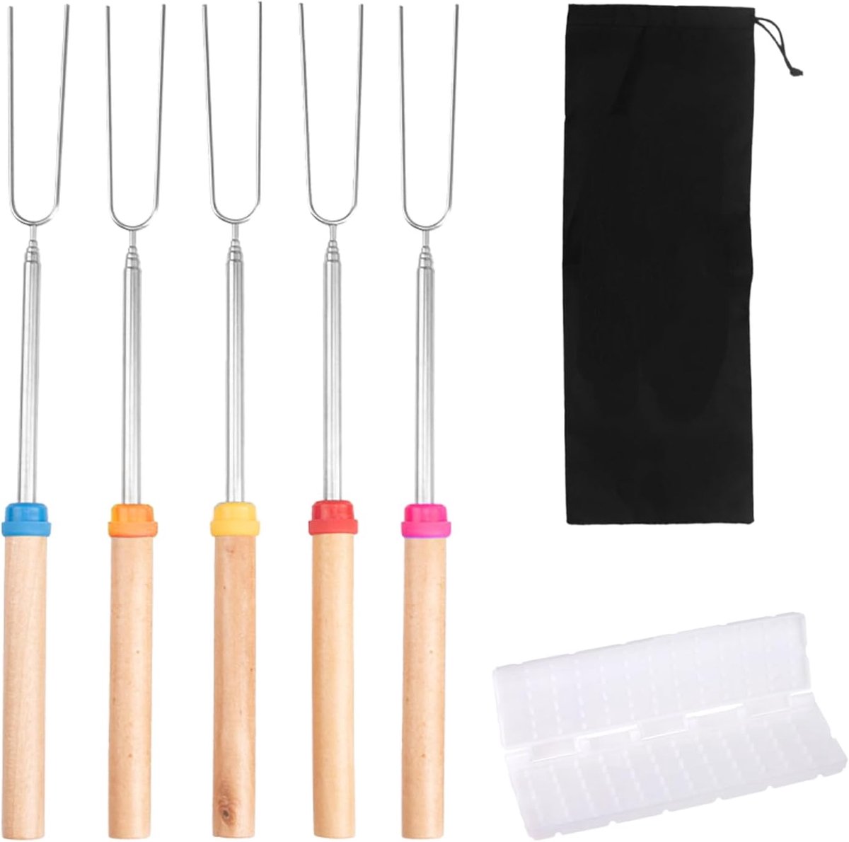 5 intrekbare grillvorken, 1 vleesproduct, 1 tas met trekkoord, marshmallow-grillvork, intrekbare grillstaaf, grillvork van metaal