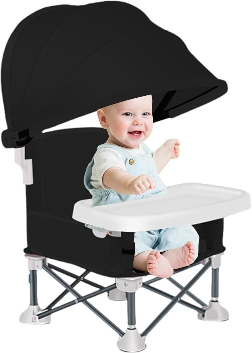 Opvouwbare Baby Eetstoel - Reisstoel Kinderzitje - Buiten Eten - Met Zonnekap - 38x31x37 cm - Zwart