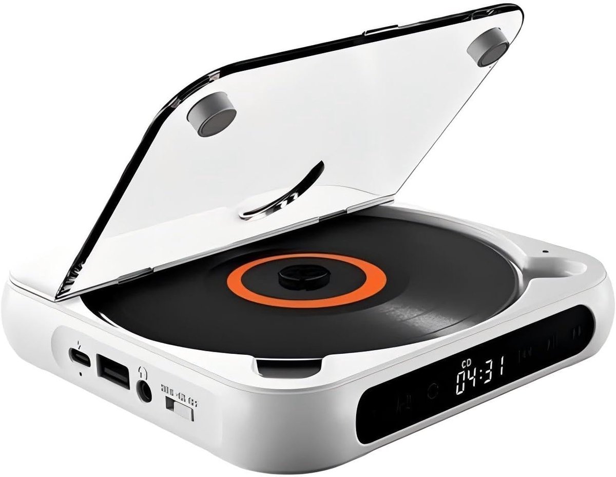 Draagbare cd-speler met Bluetooth –Draagbare Bluetooth-cd-speler met USB-C-snelladen – Ultradun en compact – Ondersteunt MP3/WMA-formaten – voor onderweg – thuis en op de camping - Wit