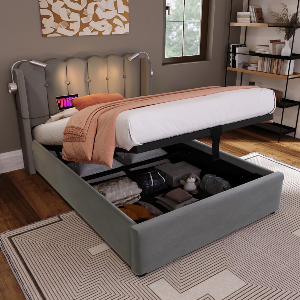 Bedframe - 90x200 Cm - Bed - Met Lattenbodem - Met Opbergruimte - USB C - Grijs - Zonder Matras
