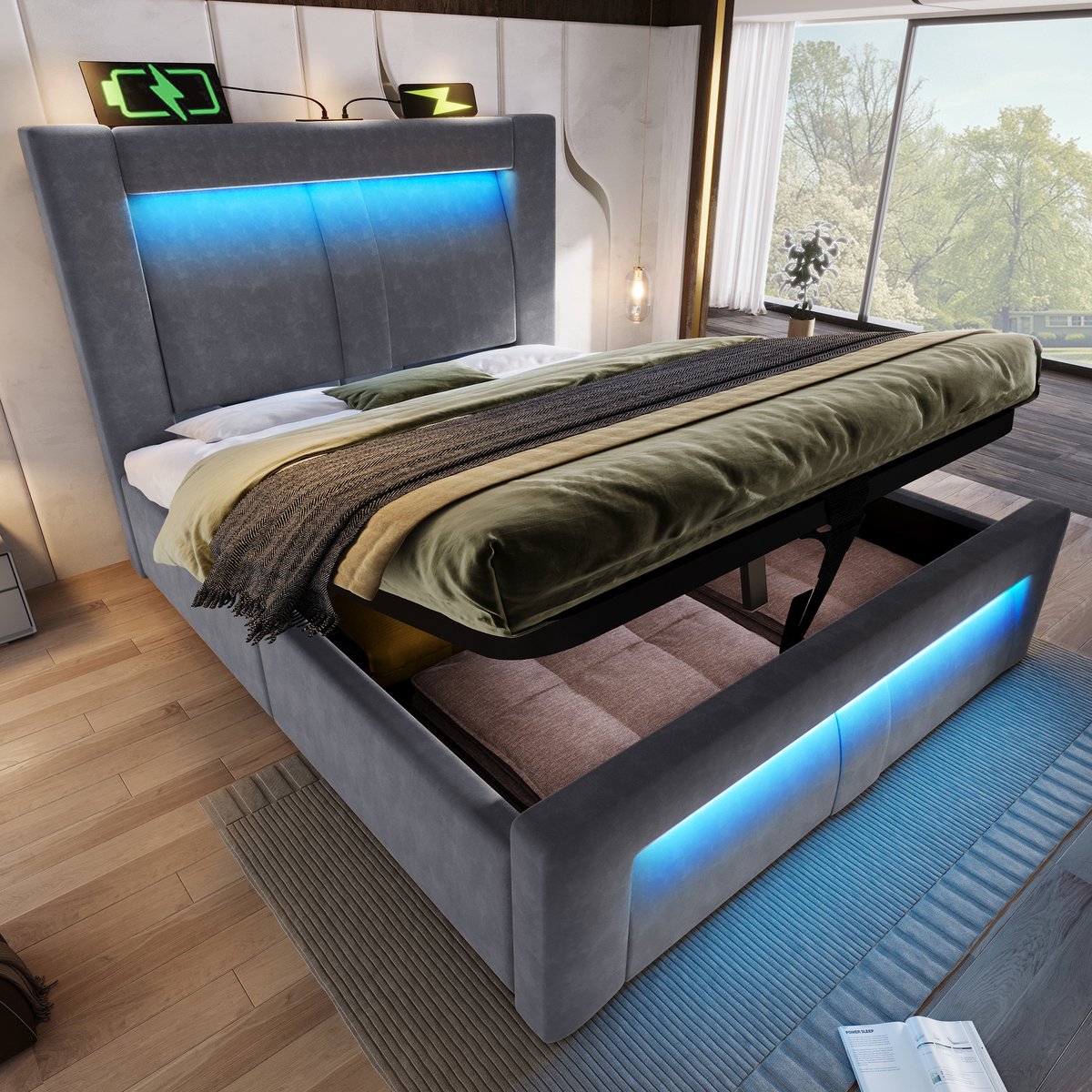 Bedframe - 90x200 Cm - Bed - Met Opbergruimte - LED - USB C - Grijs - Zonder Matras