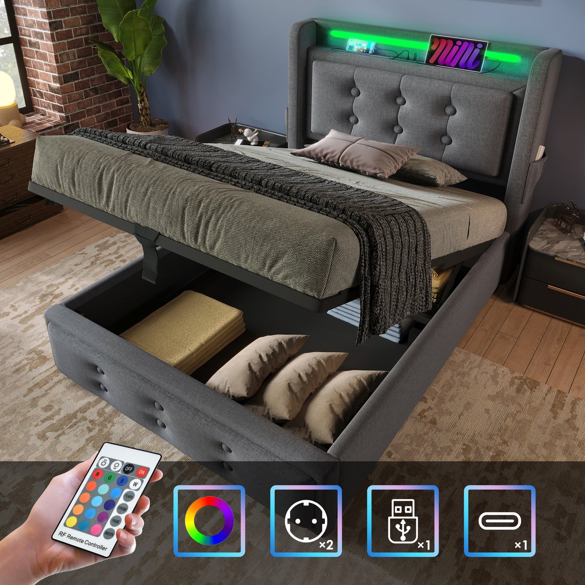 Bedframe - 90x200 Cm - Bed - Met Lattenbodem - LED - USB C - Grijs - Zonder Matras