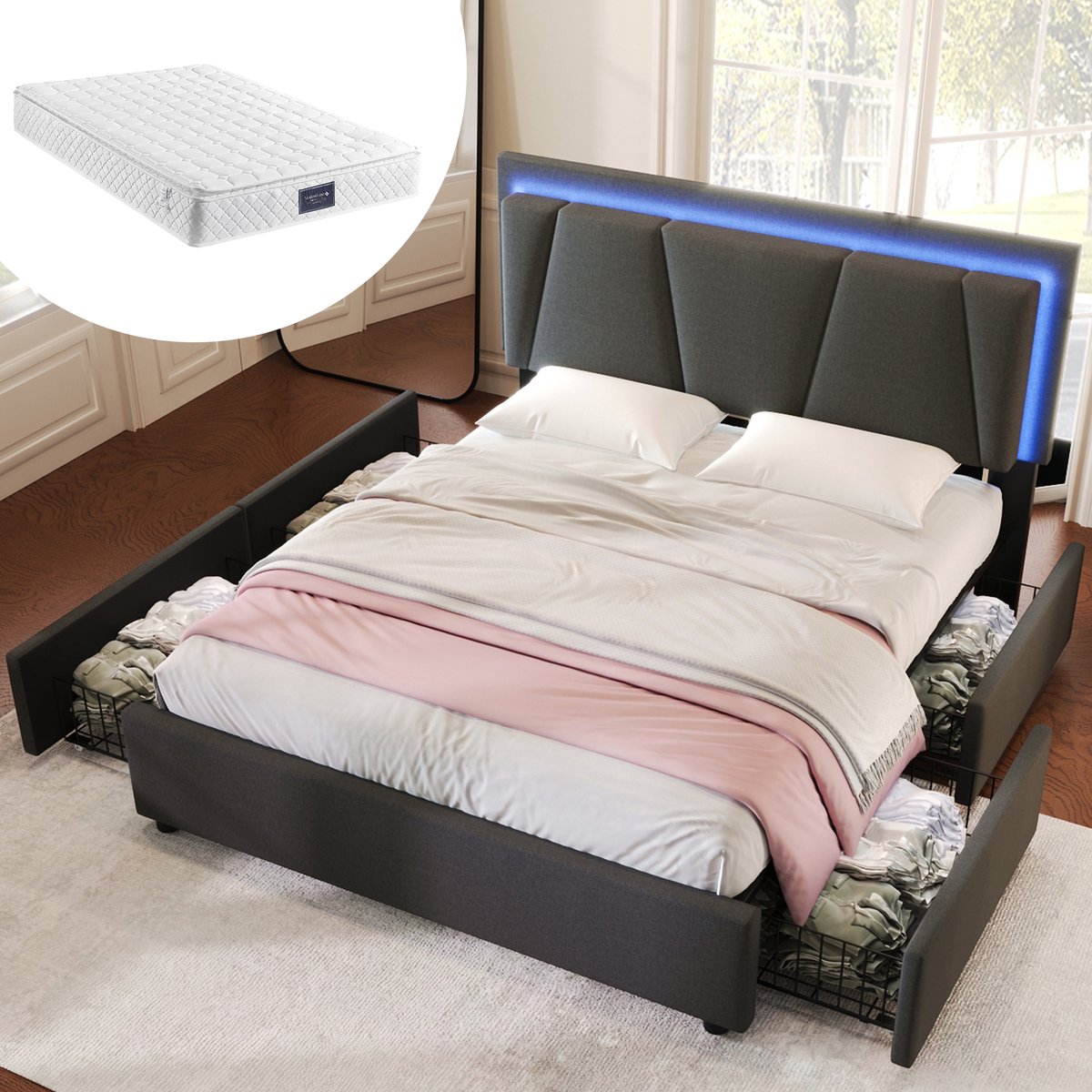 Bedframe - 160x200 Cm - Bed - Met Lattenbodem - Met Opbergruimte - LED - Grijs - Met Matras