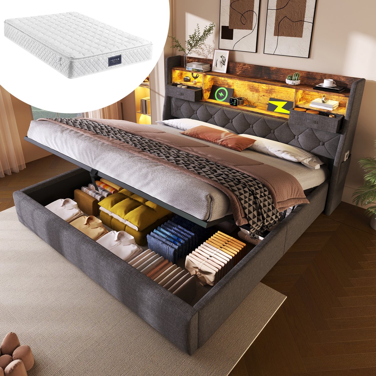 Bedframe - 160x200 Cm - Bed - Met Lattenbodem - Met Opbergruimte - LED - USB C - Grijs - Met Matras