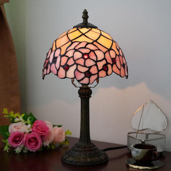 Tiffany Lamp in geblood glazen tafellamp, 20,3 x 20,3 x 35,6 cm, bureauleeslamp, decoratie naast slaapkamer, woonkamer, huis van OEMG — afbeelding 2