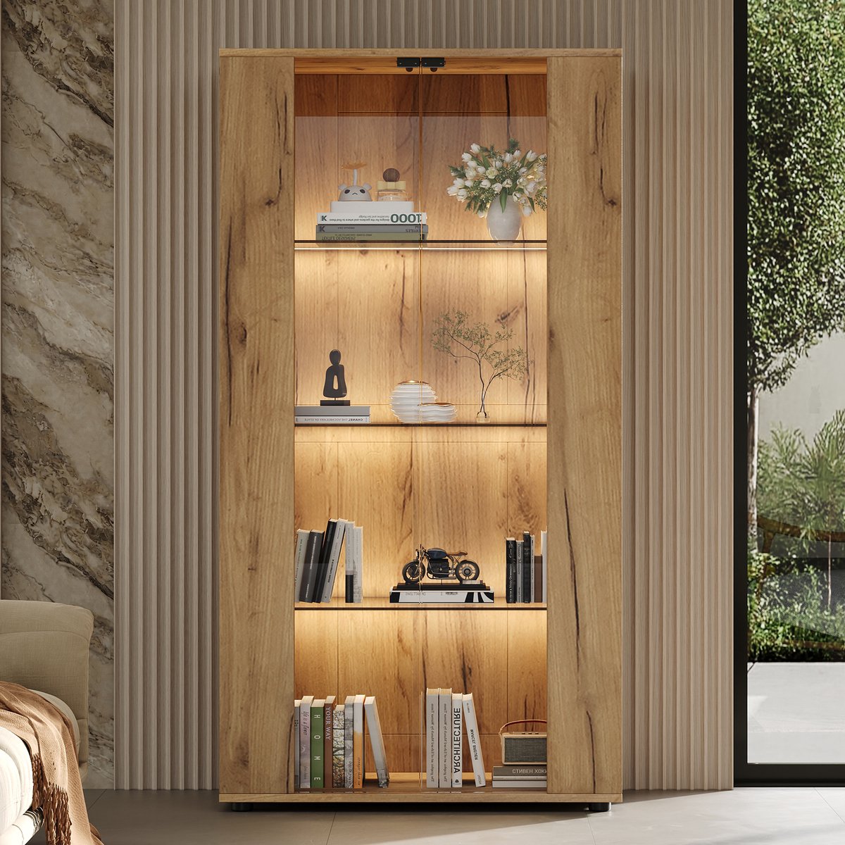 VVBV Vitrinekast 80x36x150.5 cm - Glazen Deuren, LED-Verlichting, Met Lades, Met Planken - Naturel, Spaanplaat