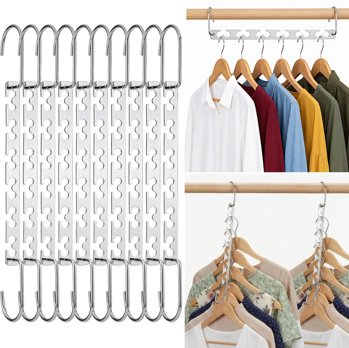 Ruimtebesparende kledingkast organizer voor kleerhangers - 10 stuks - 7 ophangposities - Horizontaal en verticaal - IJzer - Zilver - 25,5 x 12,7 cm